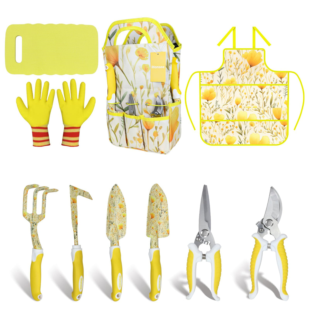 iHansee yellow garden tool set with handbag for organized storage and easy gardening