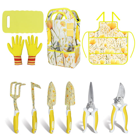 iHansee yellow garden tool set with handbag for organized storage and easy gardening