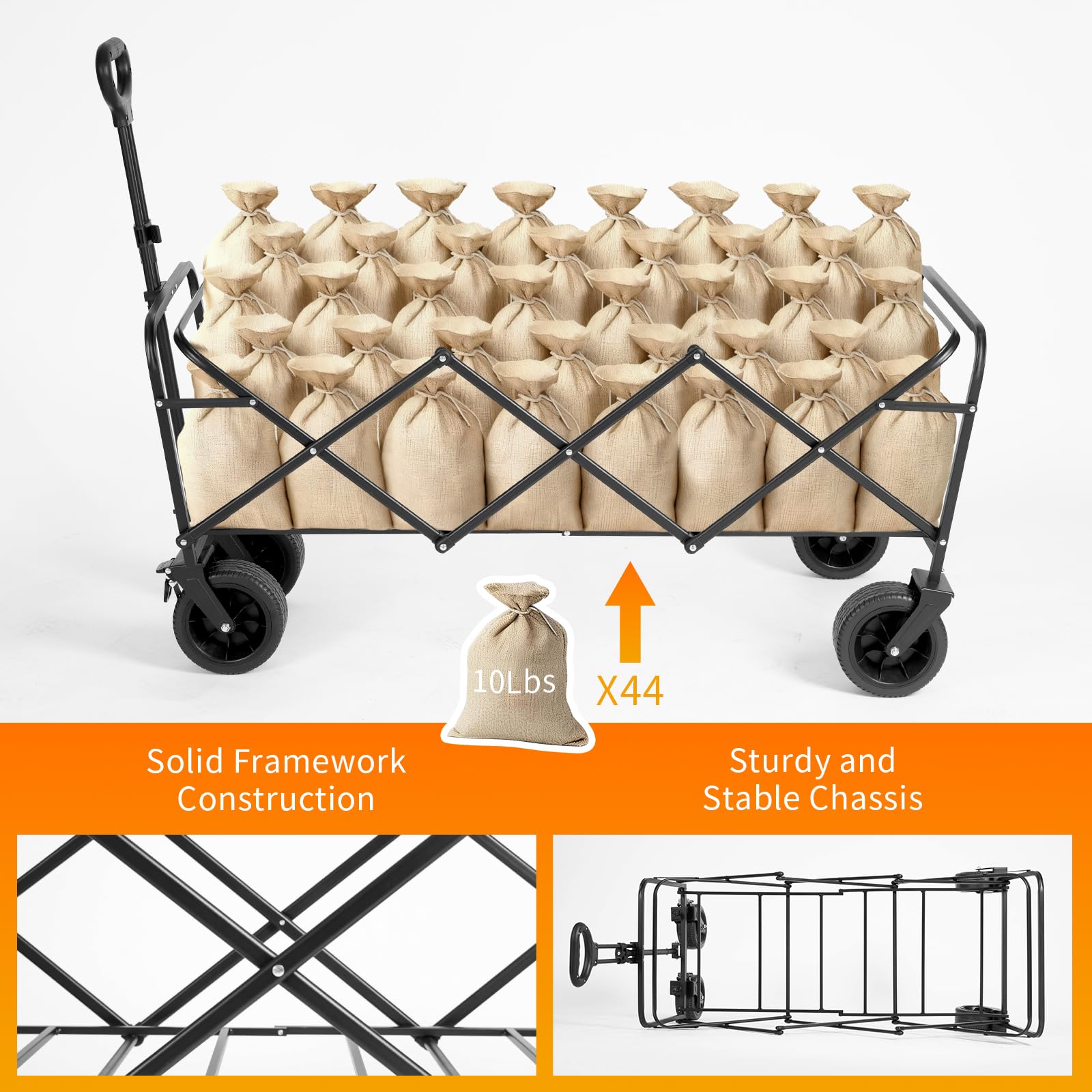 iHomey adjustable handle collapsible wagon adapts to different users and heights.