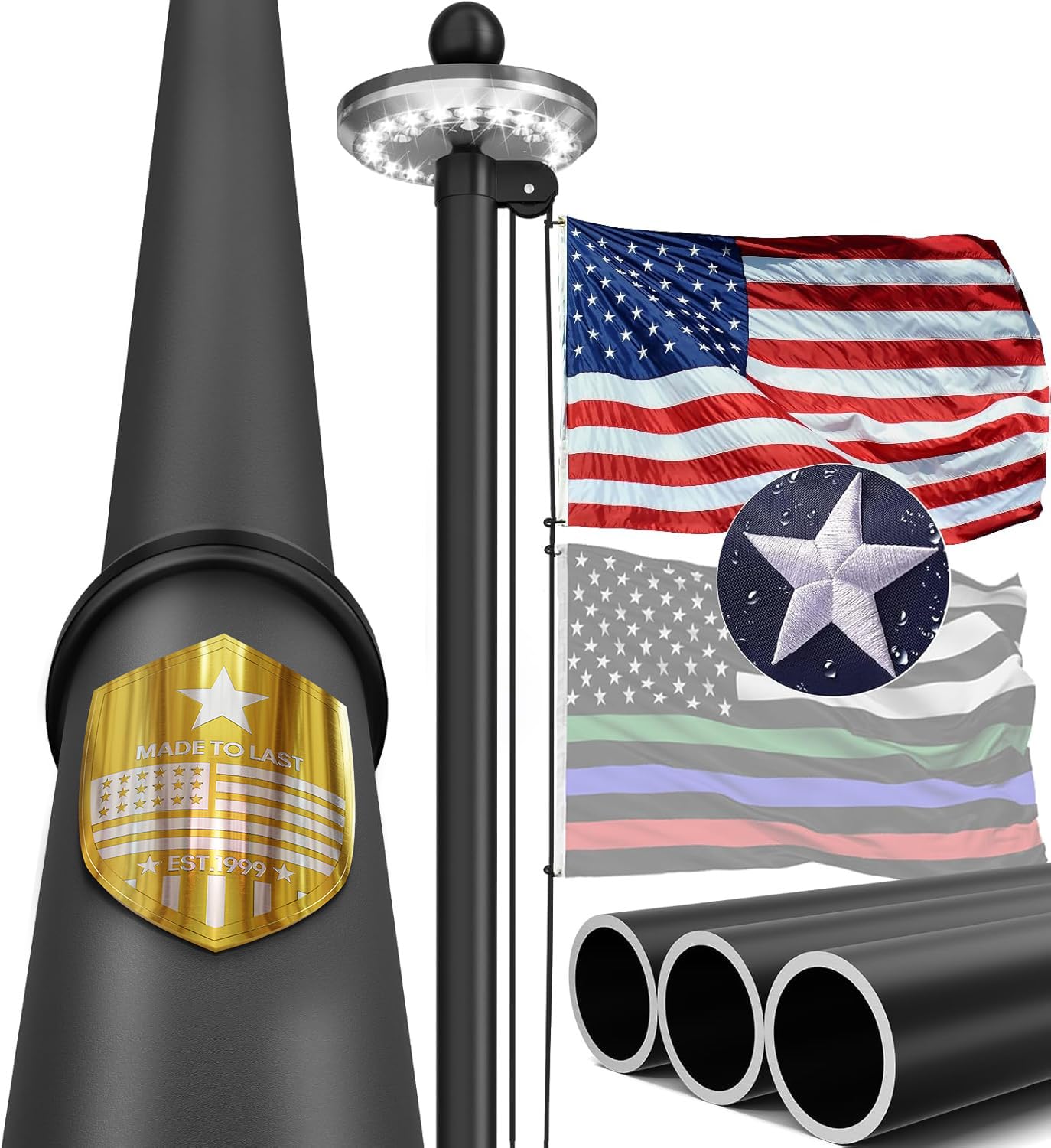 IIOPE 20ft flag pole bottom tube enhances stability in gusty winds.