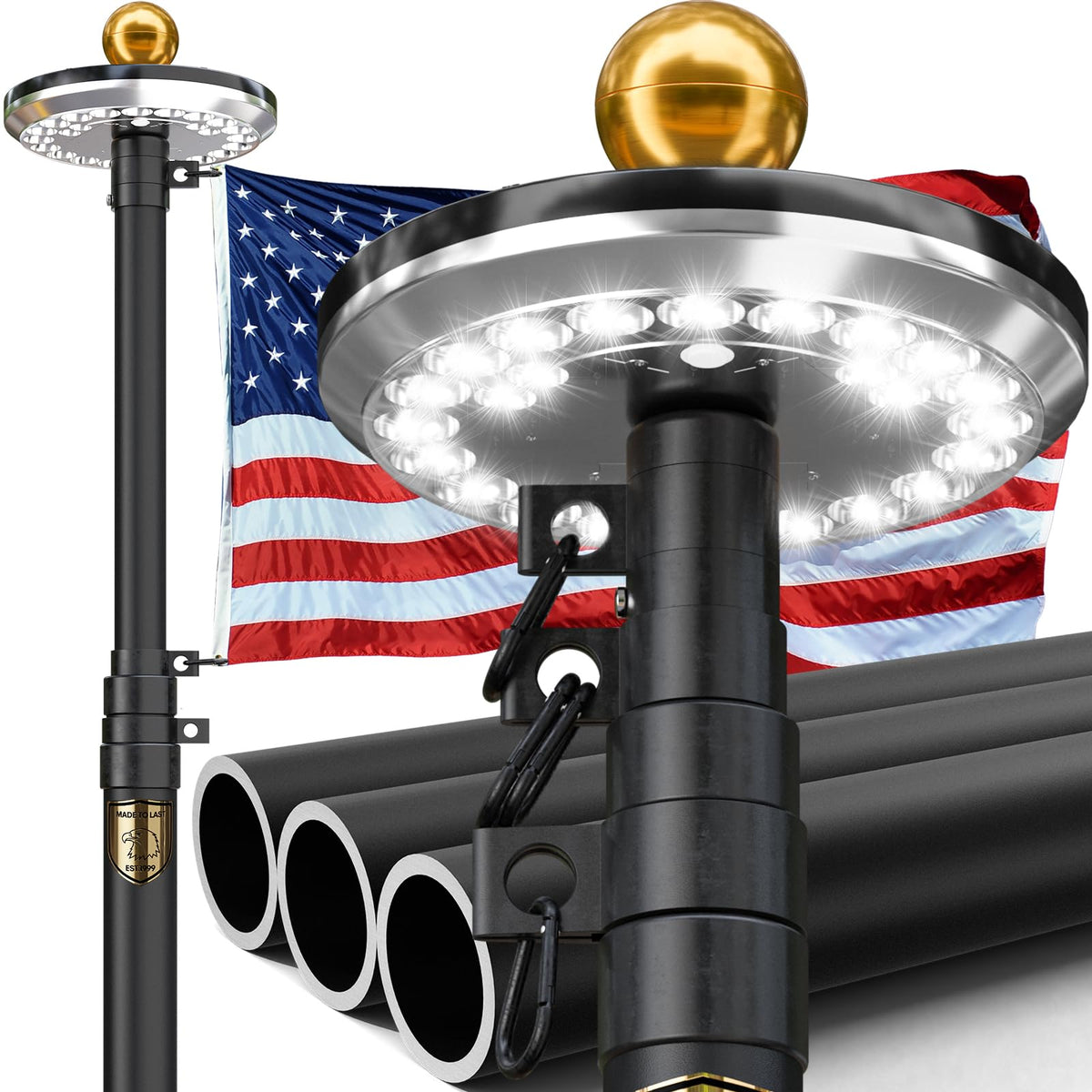 IIOPE 20ft flag pole with solar light for nighttime flag visibility.