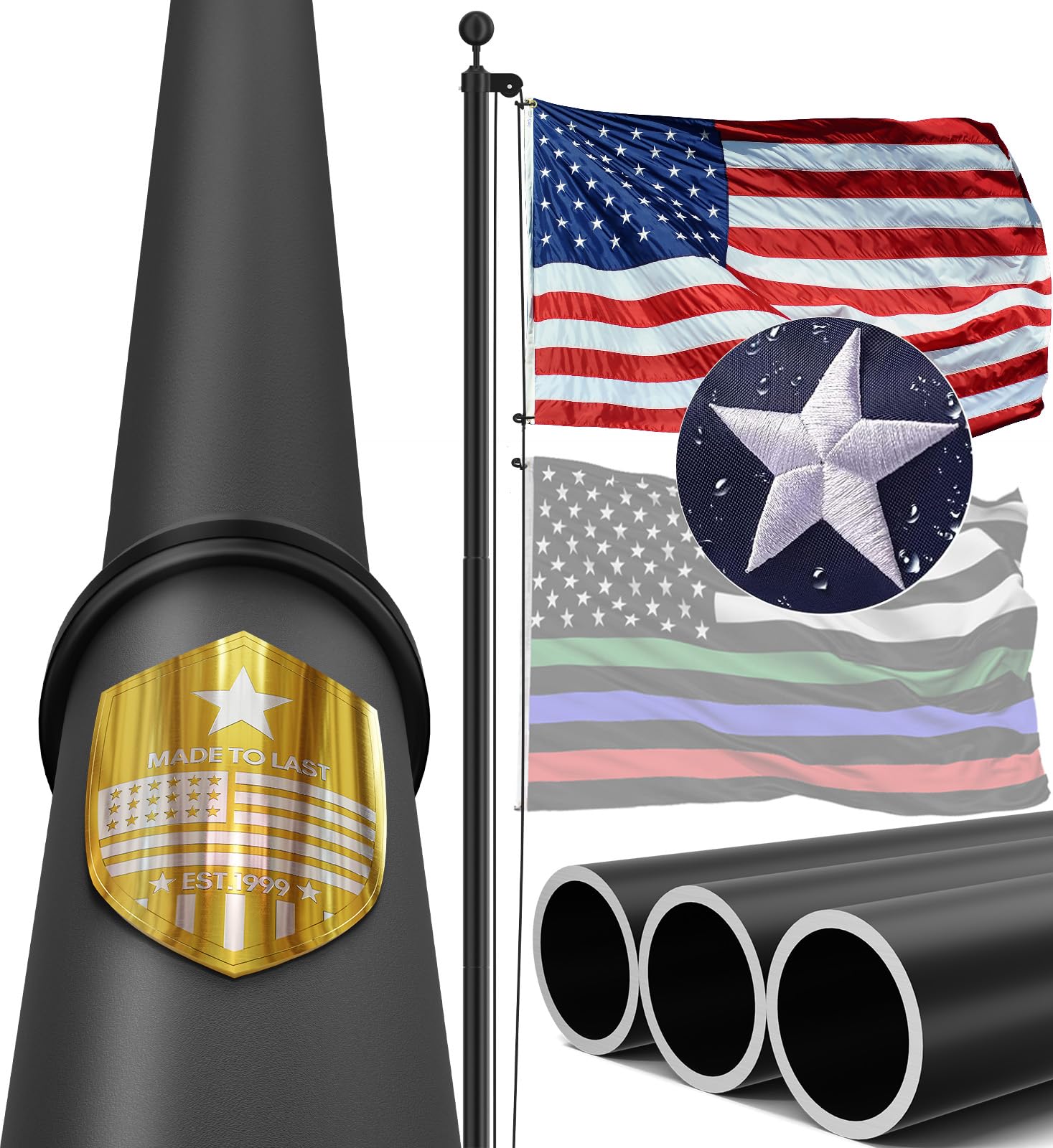 IIOPE 20ft flag pole bottom-tube enhances stability in strong winds.