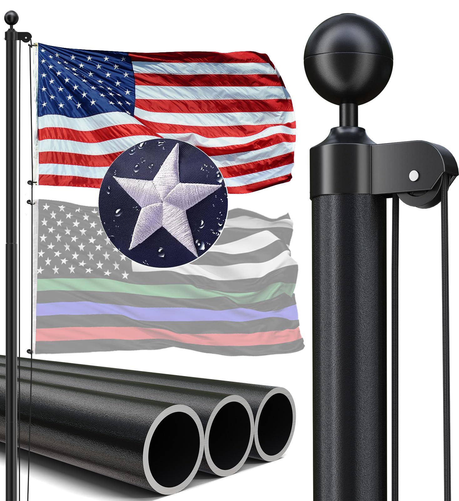 IIOPE 20FT flag pole top cap shows sturdy construction for windy conditions