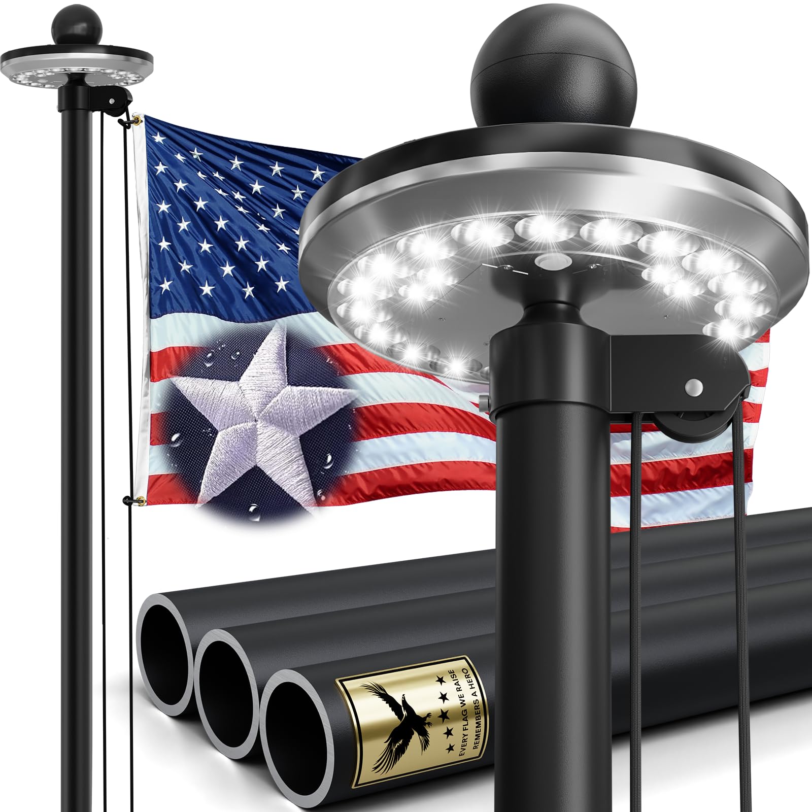 IIOPE 25ft flag pole with solar light, elevating outdoor displays day and night.