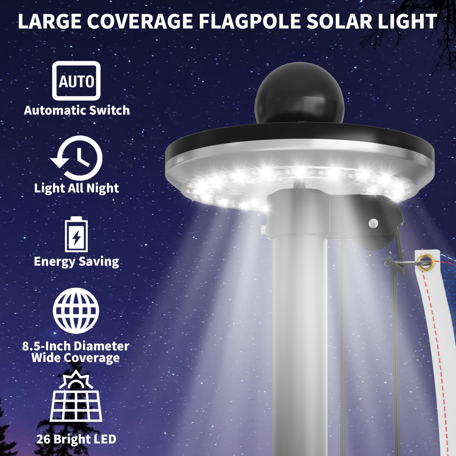 IIOPE 8.5-inch solar light with 26 LEDs brightens the flag at night