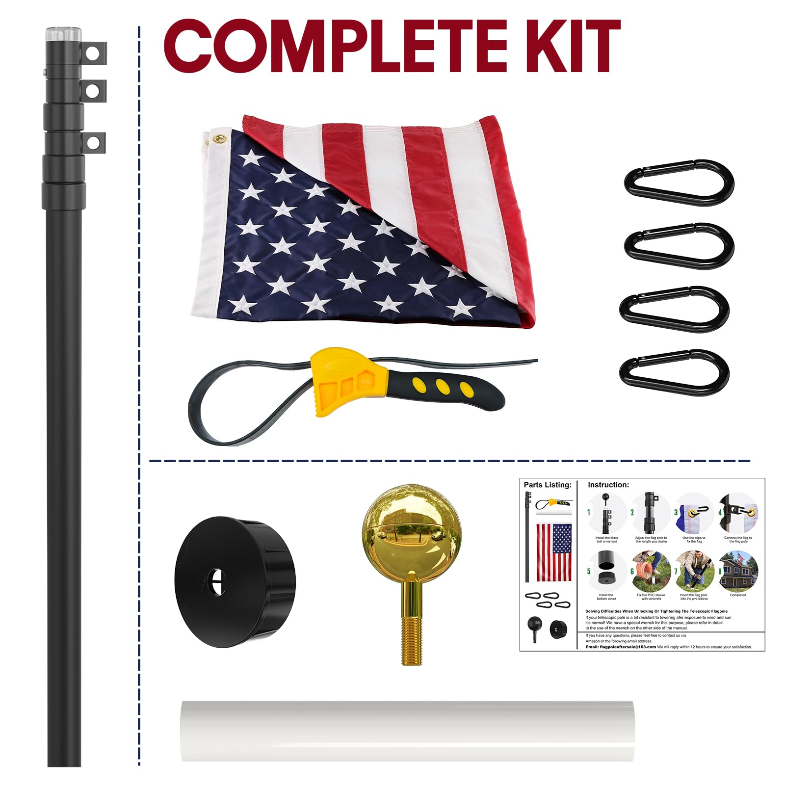Complete kit includes a 3x5 ft USA flag for ready display.
