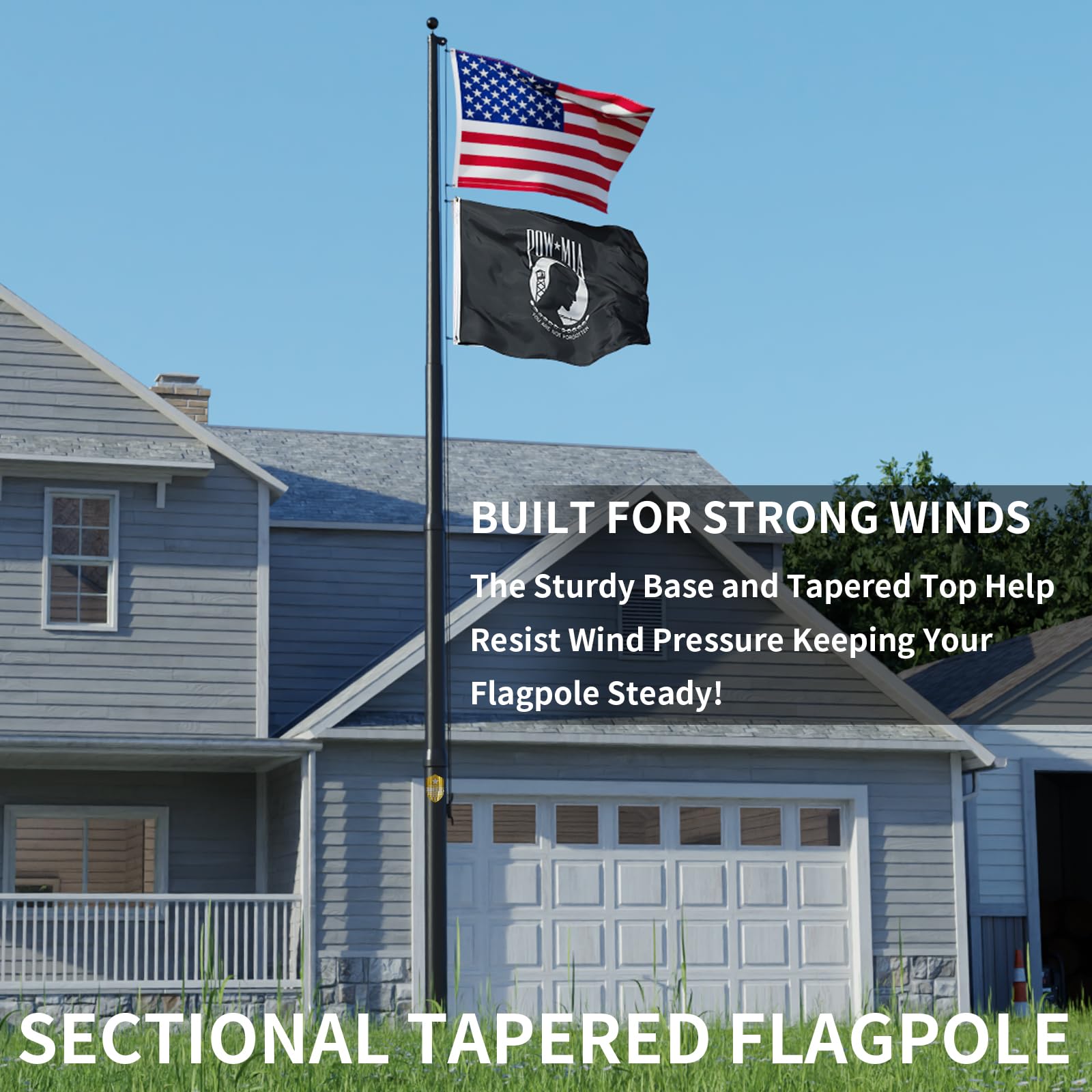 IIOPE sectional tapered design flag pole reduces wind pressure for safer mounting