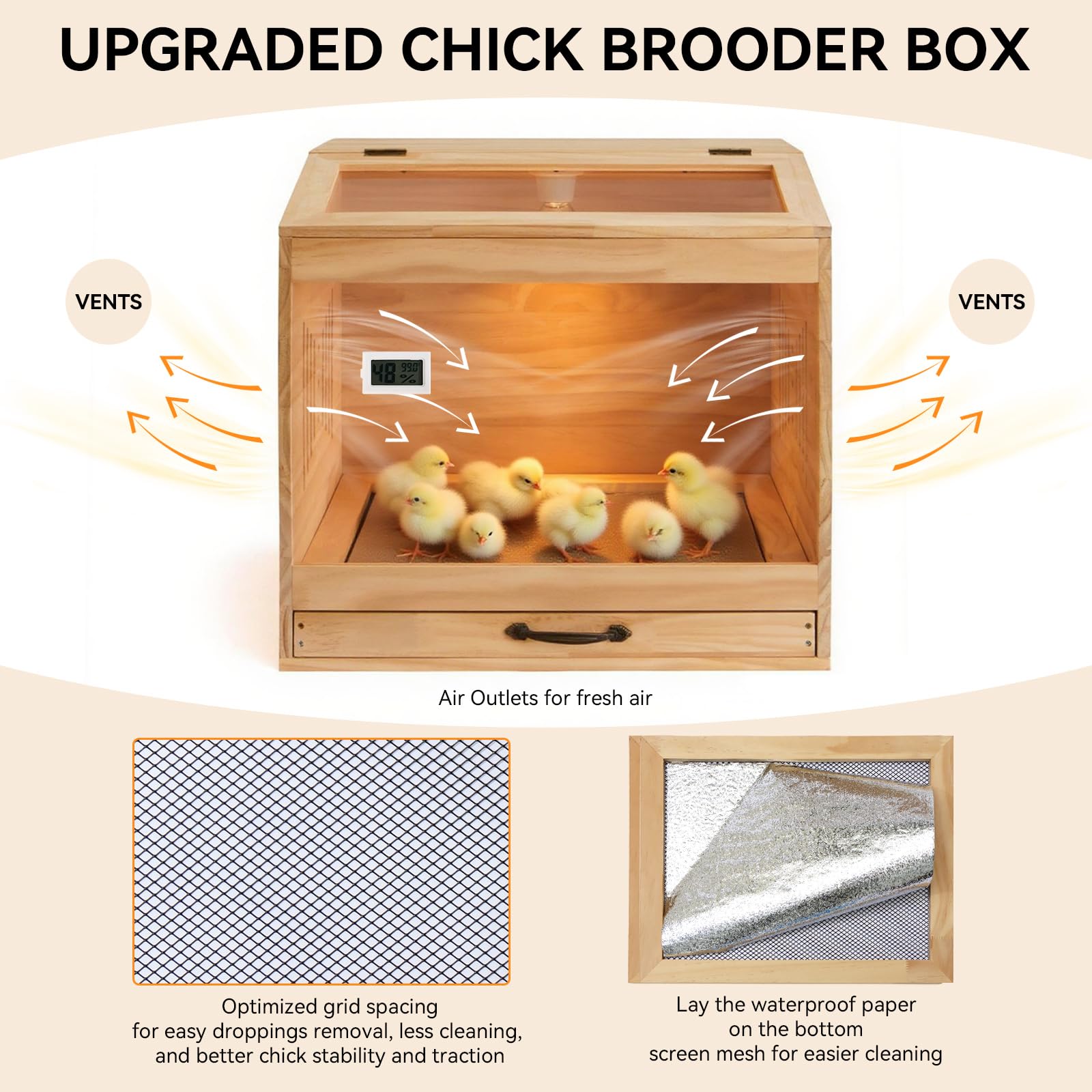 IKILEOGY brooder box front sliding door enables easy feeding.