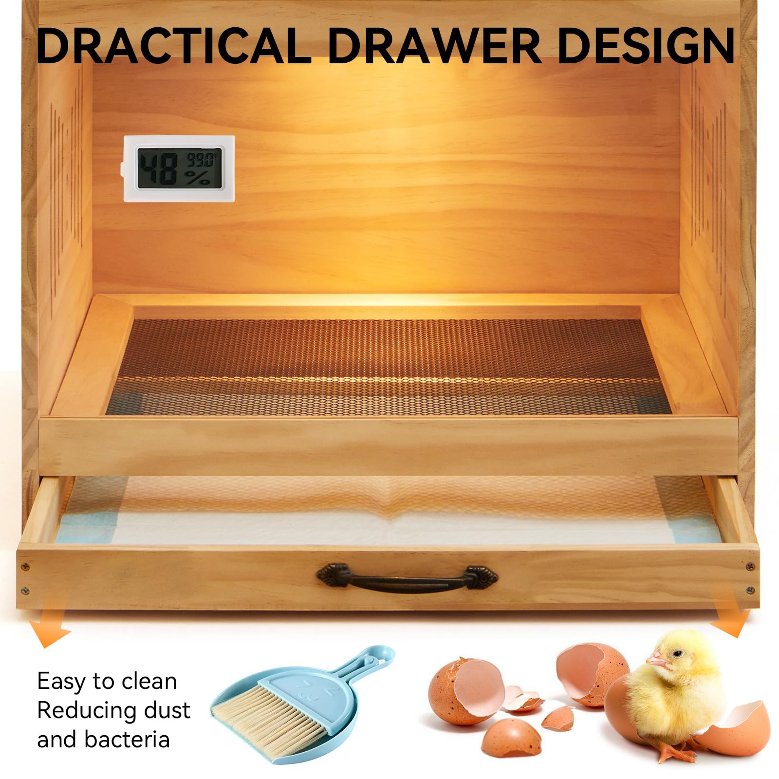 IKILEOGY brooder box drawer with metal mesh keeps waste separated.