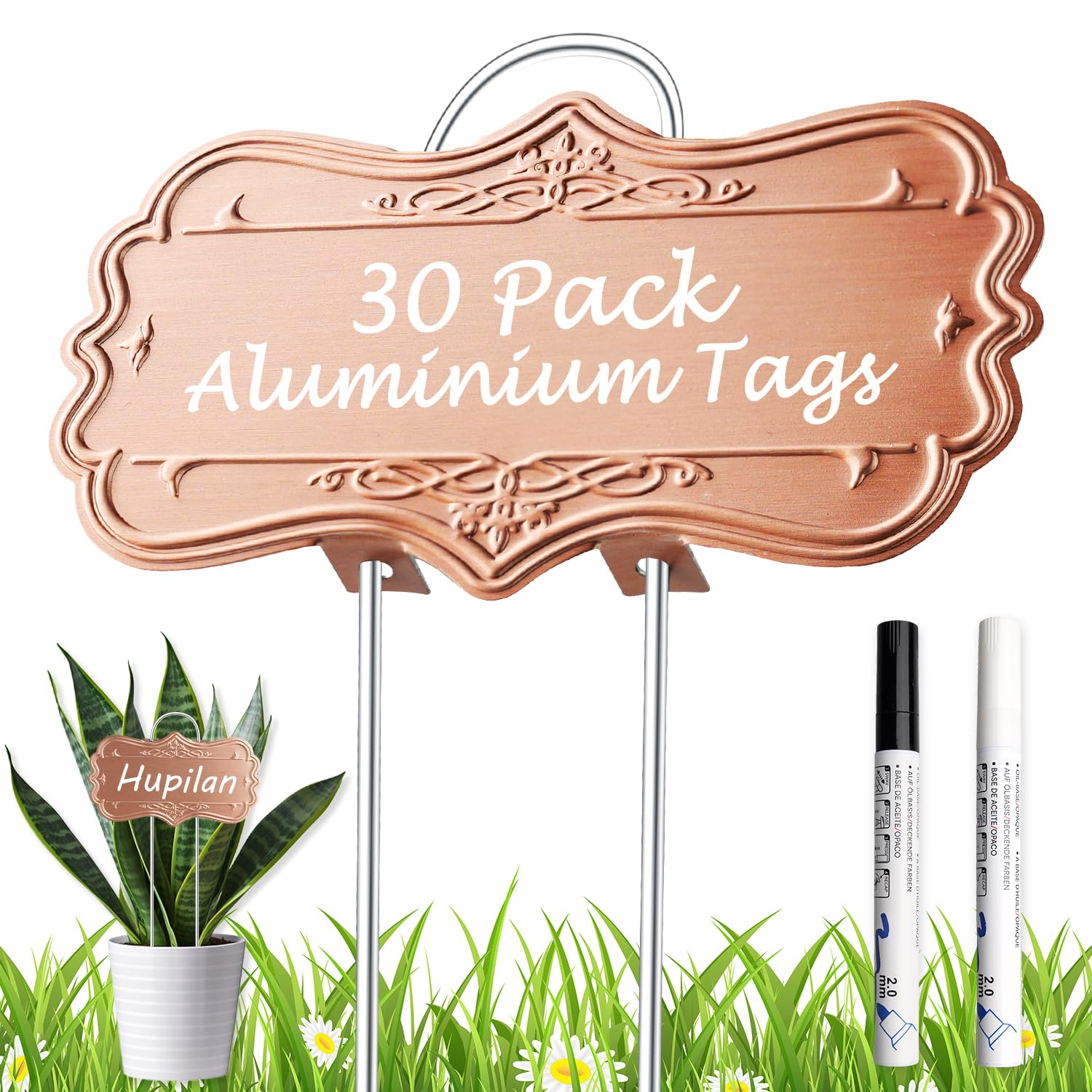 IKSII 30-pack metal plant labels with large writing area for clear garden labeling.