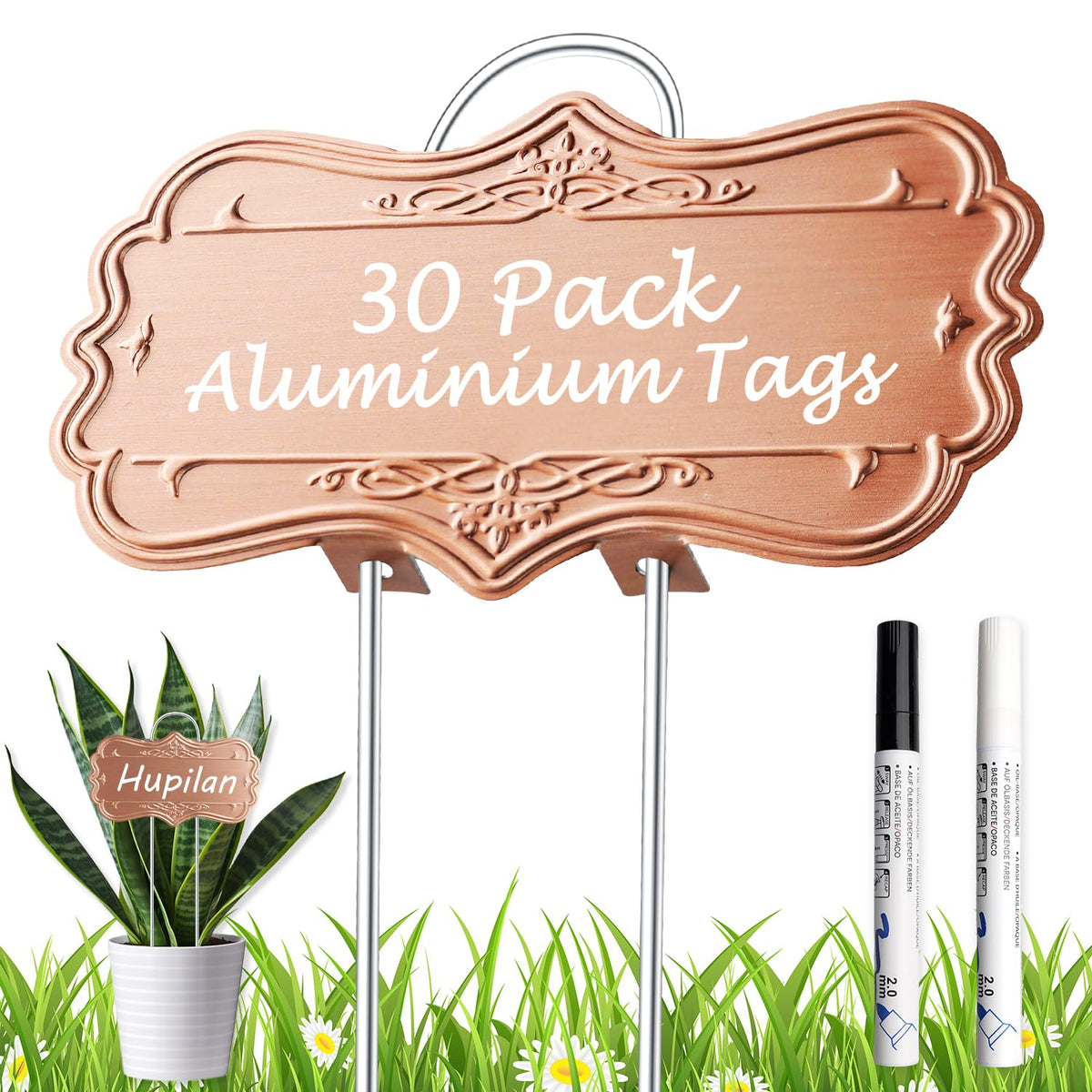 IKSII 30-pack metal plant labels with large writing area for clear garden labeling.