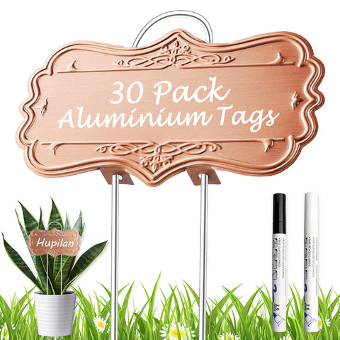 IKSII 30-pack metal plant labels with large writing area for clear garden labeling.