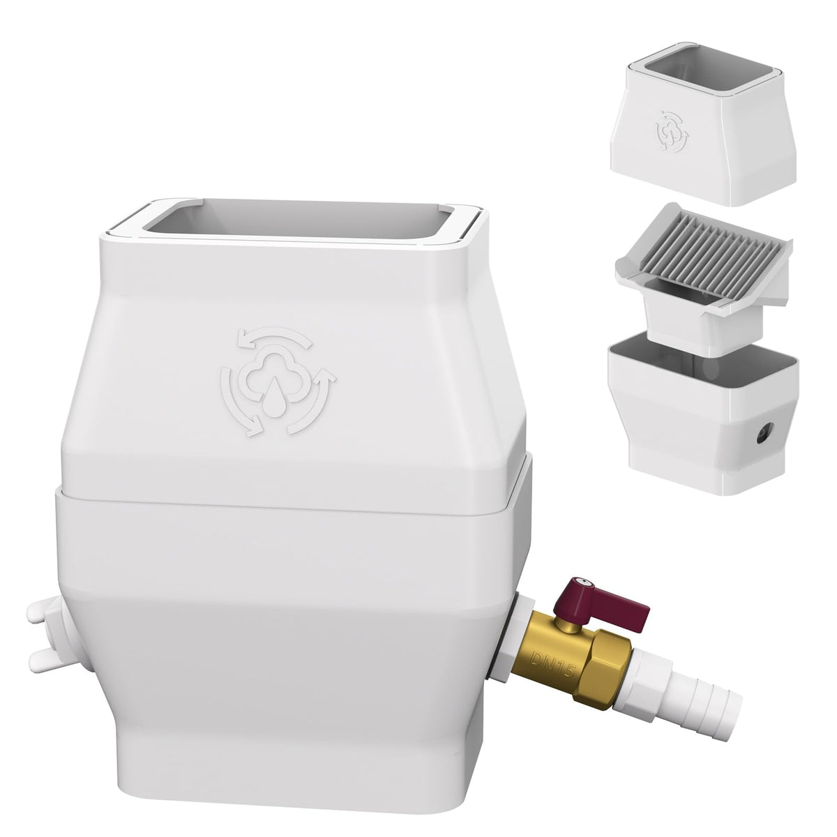 iLiveX rain barrel diverter kit on a 2x3 downspout directing rain to a barrel.