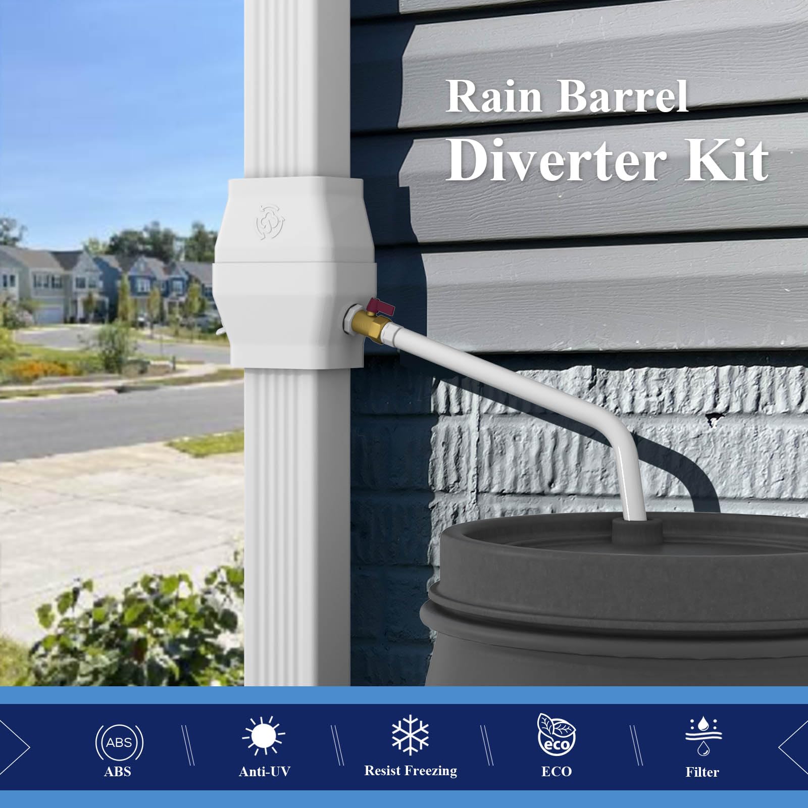 iLiveX diverter kit for a 3x4 downspout guiding runoff into a storage barrel.