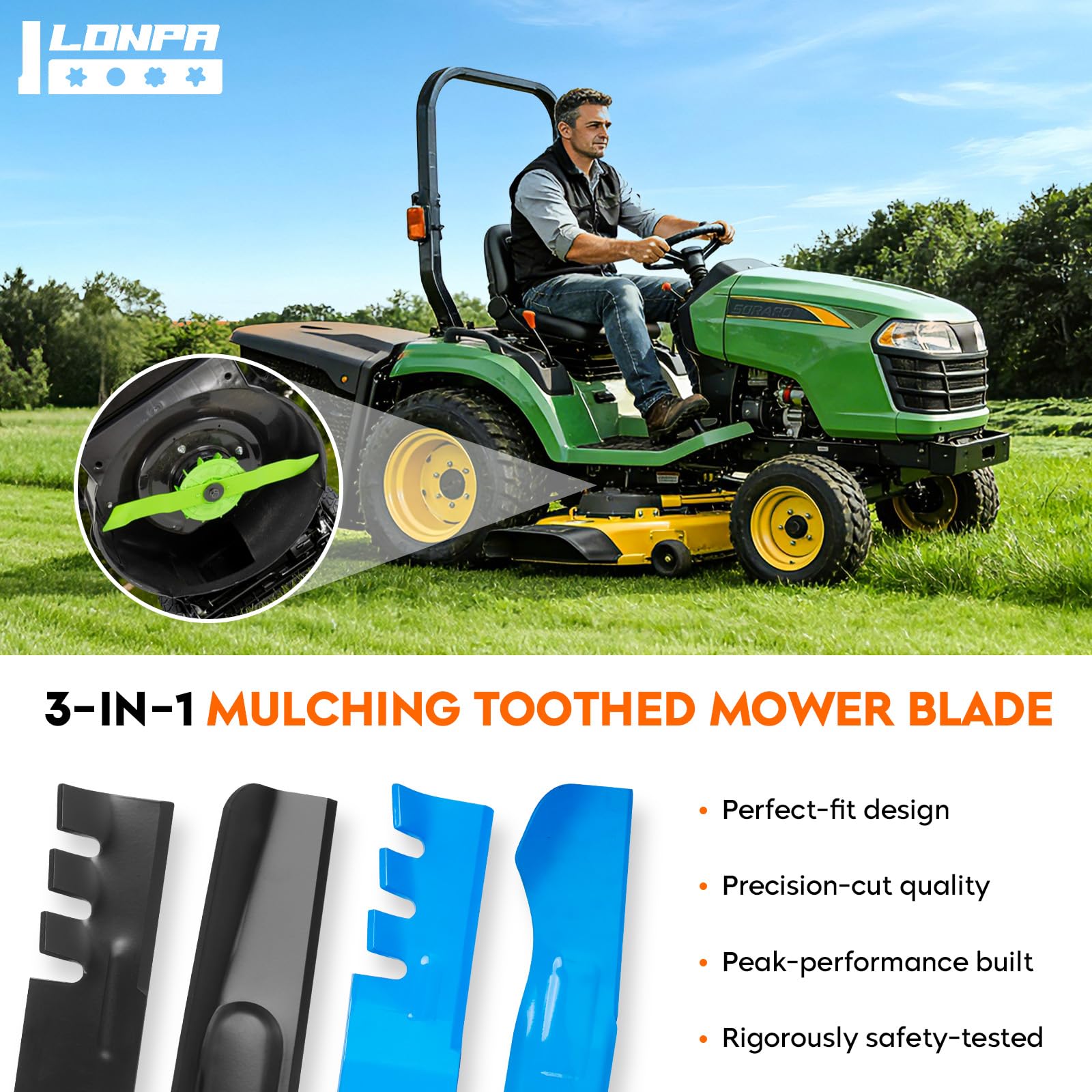 Close-up teeth on ILONPA GY20852 7-Star blades for efficient mulching.