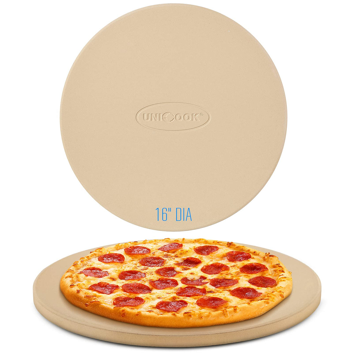 Unicook 16-Inch Round Pizza Stone – Cordierite Baking Stone for Oven & Grill, Thermal Shock Resistant, Includes Scraper