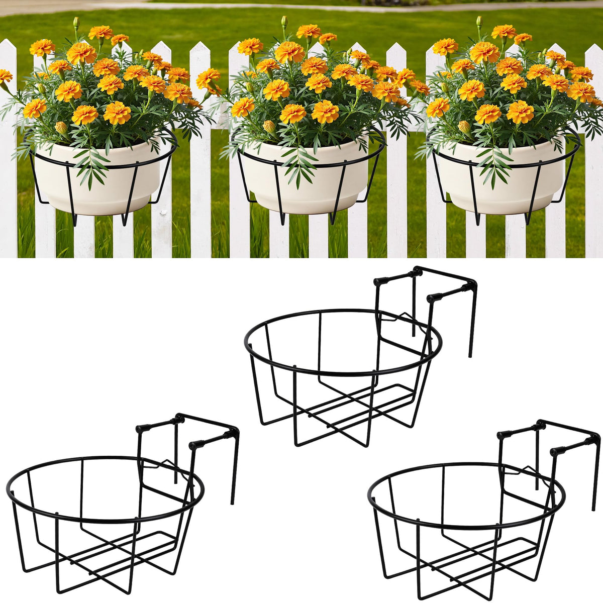 OYMVEKIK Adjustable Hanging Railing Planter (3 Pack) – Weather-Resistant Balcony Metal Planters