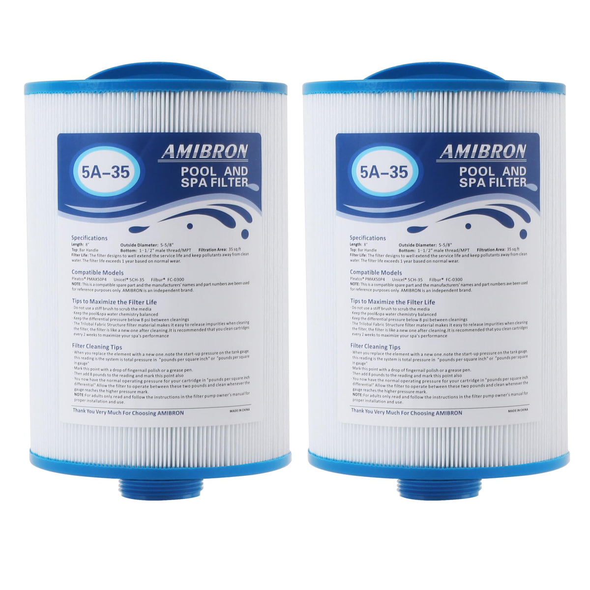 AmiBron PMAX50 Spa Filter 2 Pack – 35 sq ft Replacement for Maax Spas Canada, 1-1/2 MPT