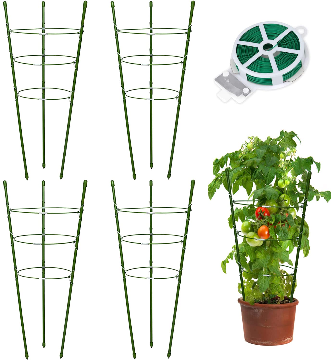 SUNPRO 18-inch plant cage stabilizes tomatoes and peppers in pots for neat, upright growth.