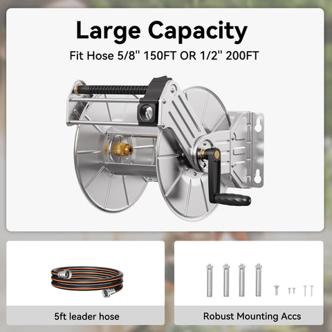 Giraffe Tools Stainless Steel Garden Hose Reel – Heavy Duty, 150 ft Capacity, Wall/Floor Mounted, Retractable with Crank