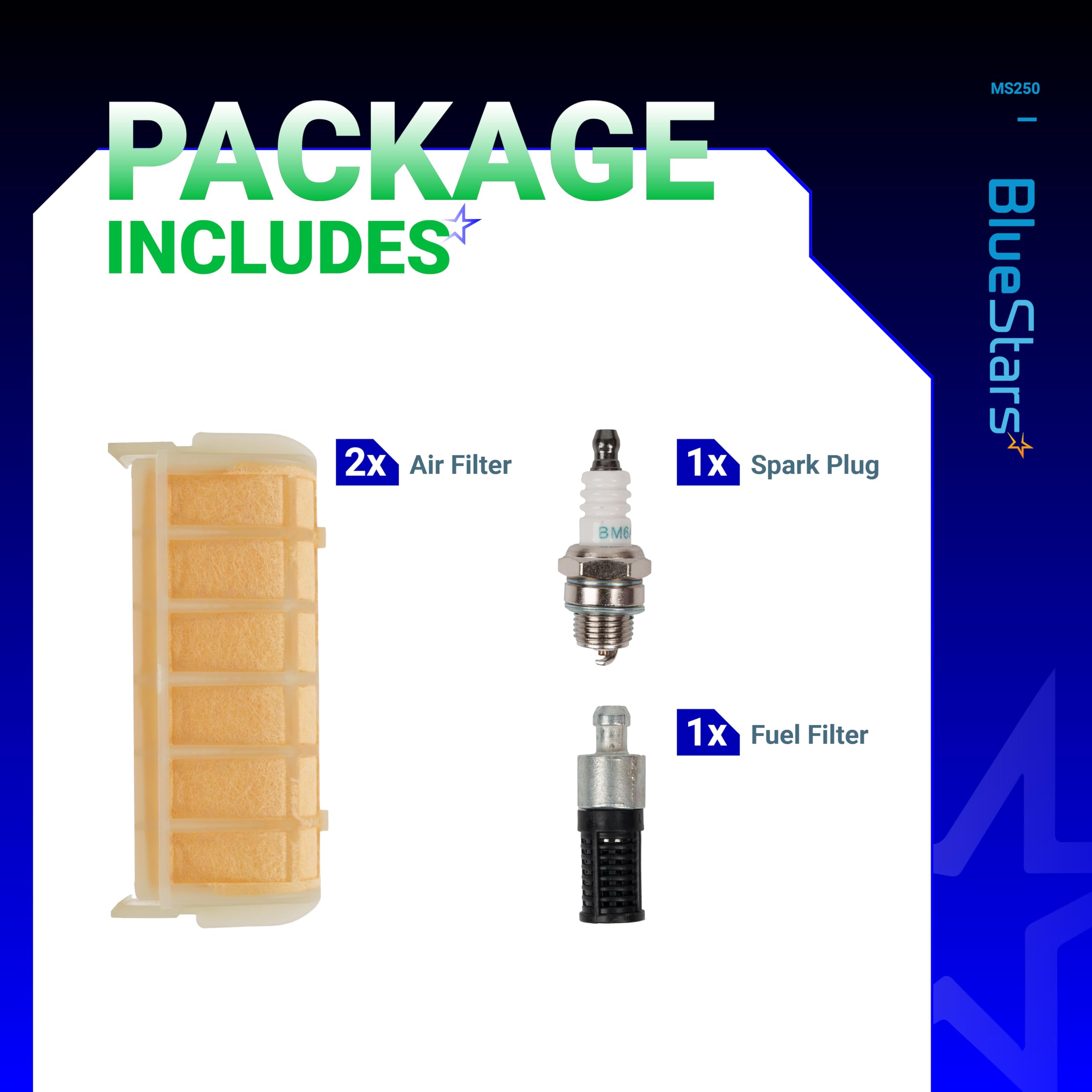BlueStars MS250 air filter kit side view highlights compact design.