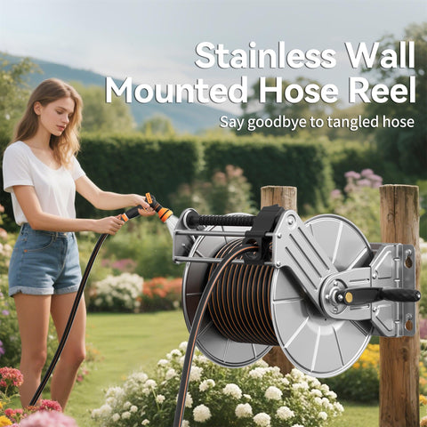 Giraffe Tools Stainless Steel Garden Hose Reel – Heavy Duty, 150 ft Capacity, Wall/Floor Mounted, Retractable with Crank