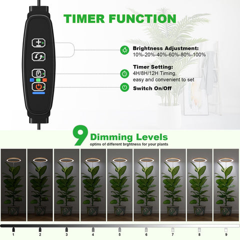 Little Joke 12-Inch Tall Halo Grow Light – Full Spectrum Indoor Plant Light, Height Adjustable 11-65 in, Auto Timer 3/9/12h, 9 Brightness Levels