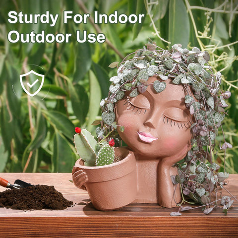 Vomiceak Face Planter Pots – Double Head Planters for Indoor & Outdoor Plants (Black Lady)