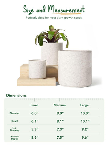 LE TAUCI Ceramic Pots for Plants – 3-Piece Linen Birch Cylinders (10/8/6 Inch) with Drainage