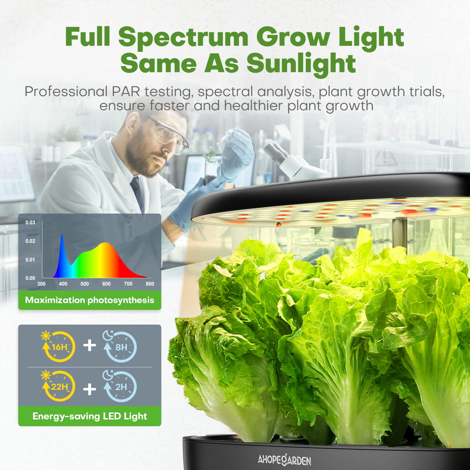 Ahopegarden height-adjustable post extends illumination for different growth stages.