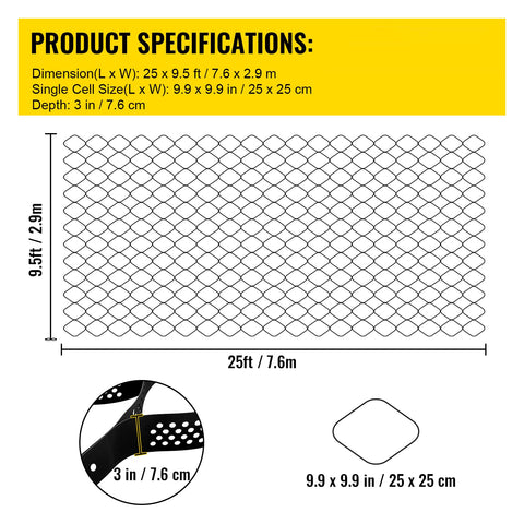 VEVOR Ground Grid 25ft x 9.5ft – 1,885 lbs/ft² Load, 3in Depth HDPE Geo Grid