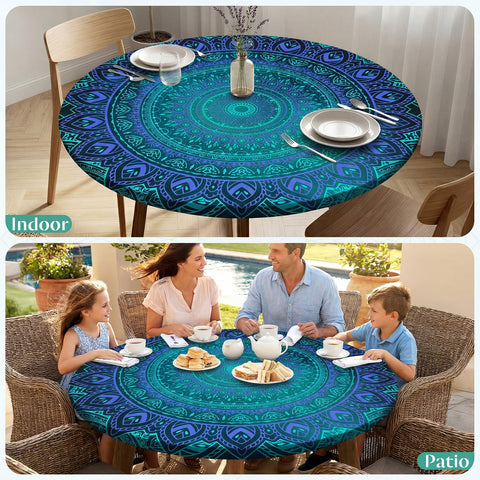 MHJY Round Tablecloth - Elastic Fit, Waterproof & Wipeable for Indoor Outdoor Dining
