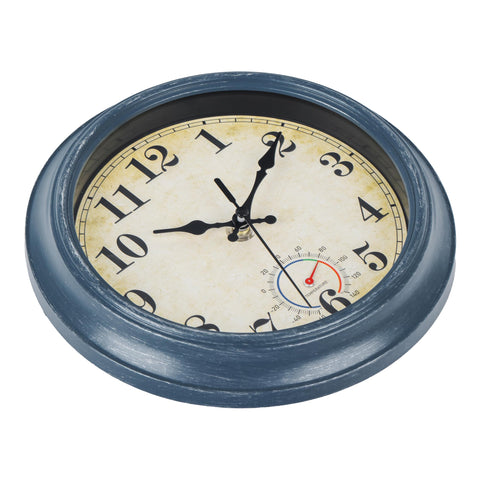 Horizent Outdoor Clock Waterproof with Thermometer – 8-Inch Blue Rustic Coastal Wall Clock