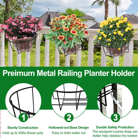 OYMVEKIK Adjustable Hanging Railing Planter (3 Pack) – Weather-Resistant Balcony Metal Planters