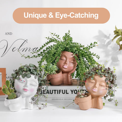 Vomiceak Face Planter Pots – Double Head Planters for Indoor & Outdoor Plants (Black Lady)