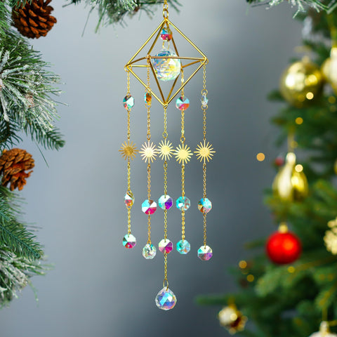 HDCRYSTALGIFTS 17-Inch Crystal Prisms Suncatcher — Gold-Plated K9 Crystal, Window Rainbow Maker