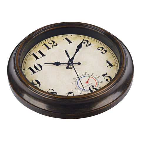 Horizent Outdoor Clock Waterproof with Thermometer - 8 Inch Bronze Rustic Wall Clock for Patio, Pool