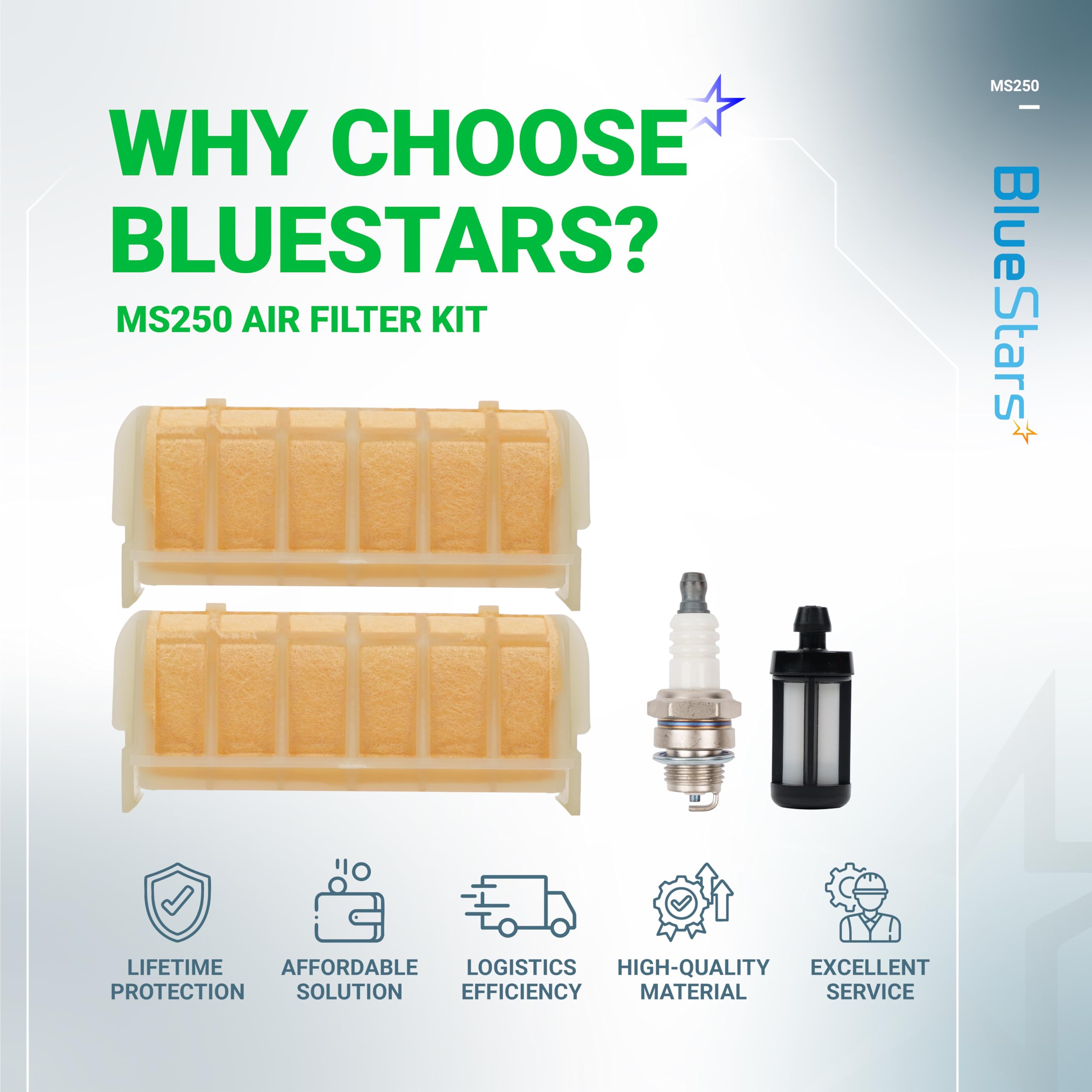 BlueStars MS250 air filter kit compatibility with Stihl models chart.