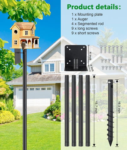 Keplrend Heavy Duty Bird Feeder Pole — 60 Inch Adjustable 1 Inch Steel with 14 Inch Deep Auger Base