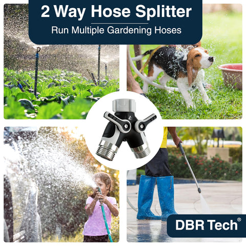 DBR Tech Hose Splitter 2 Way – Heavy-Duty Zinc Alloy, Dual Valves, High-Flow Spigot Adapter (Grey)