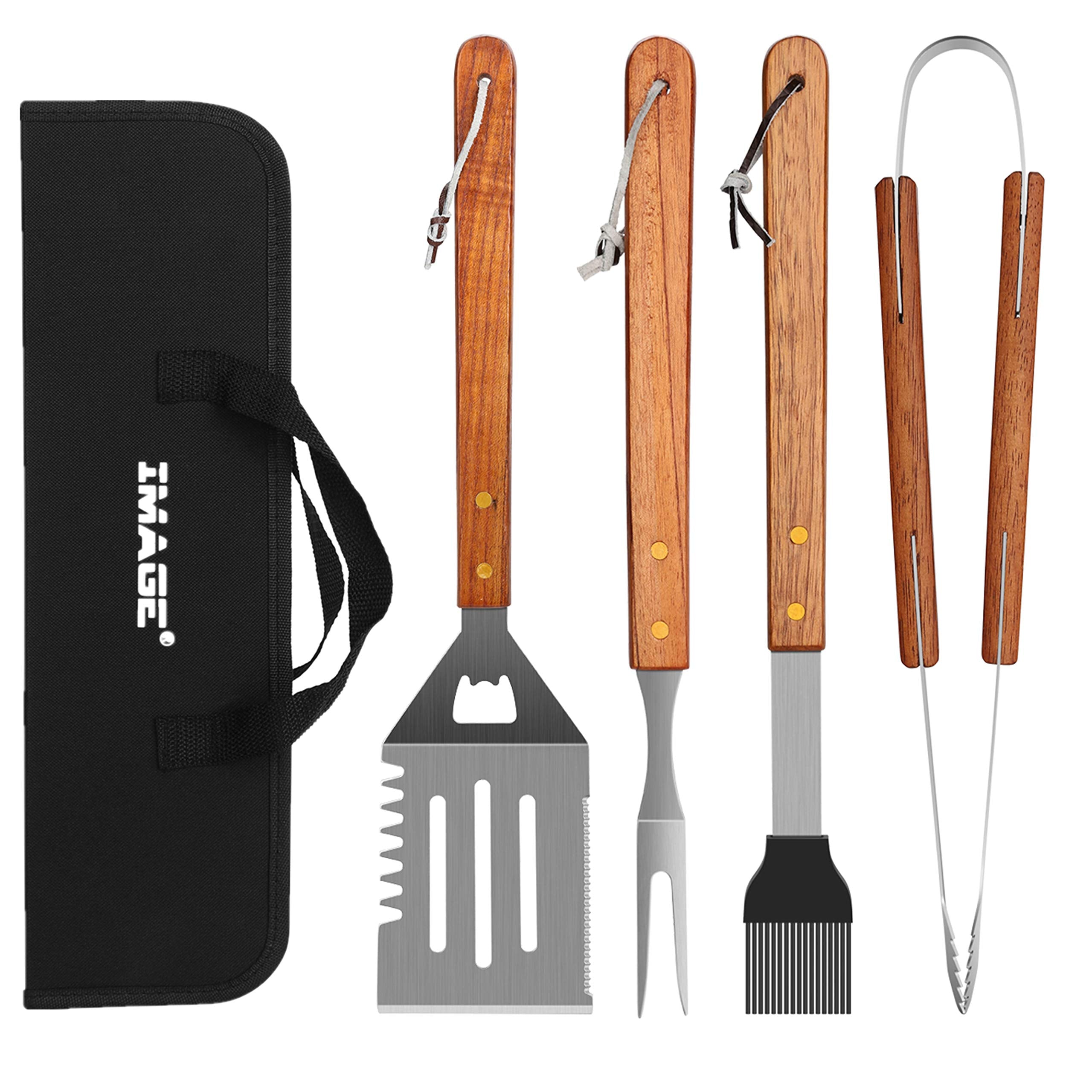 IMAGE Wooded BBQ spatula with serrated edge and bottle opener for versatile grilling.