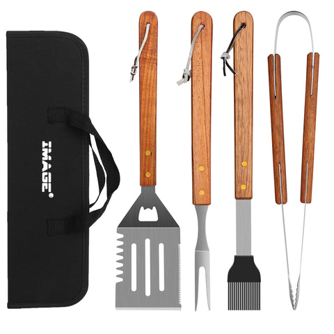 IMAGE Wooded BBQ spatula with serrated edge and bottle opener for versatile grilling.