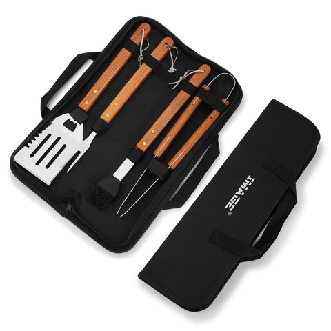IMAGE Wooded BBQ tongs designed for secure flipping and precise grip.