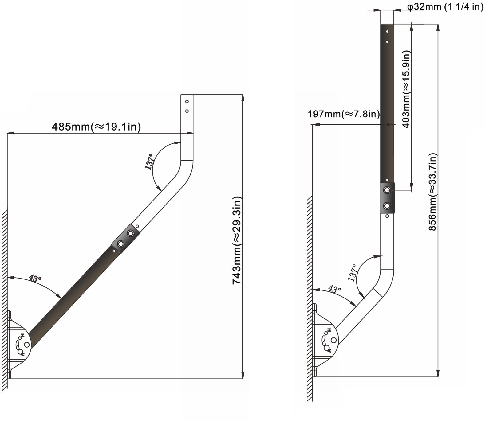 Imbesel extension pole installed on a J pole mount for stable support
