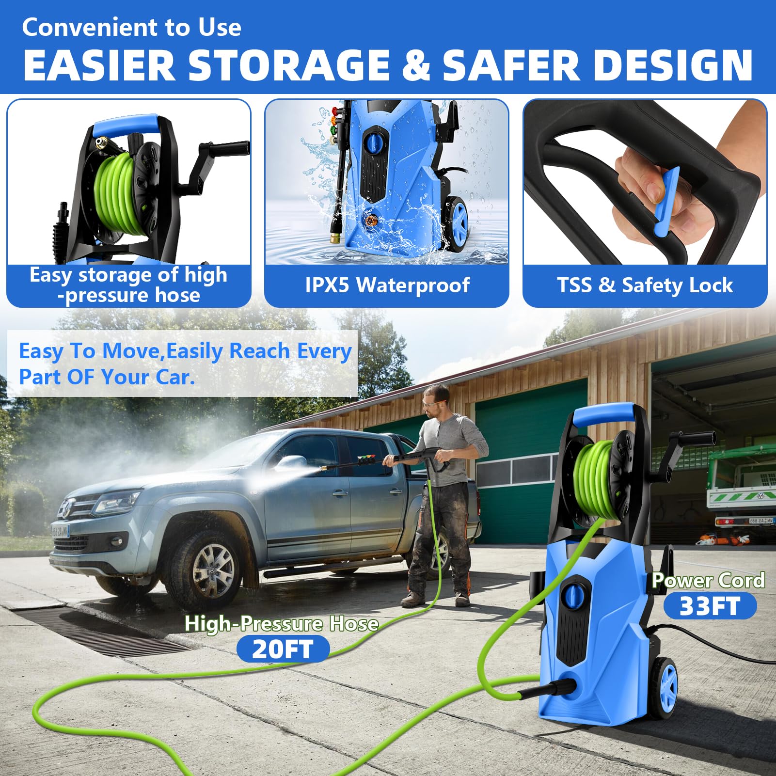Imdot pressure washer suitable for cars, patios, decks, and driveways.