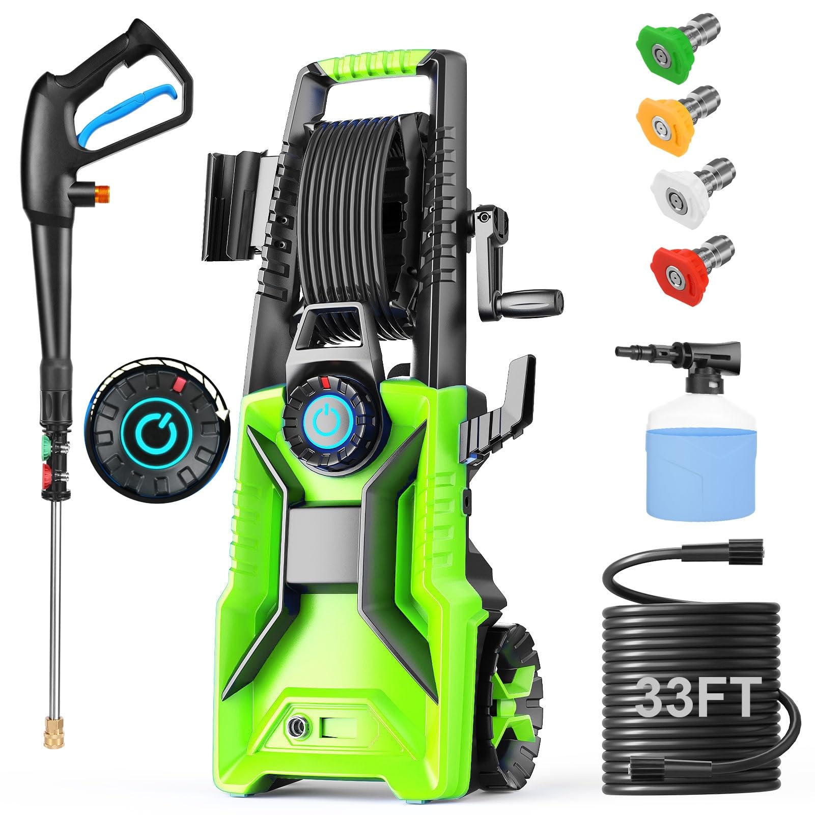 Imdot electric pressure washer front view in green, ready for heavy-duty home cleaning