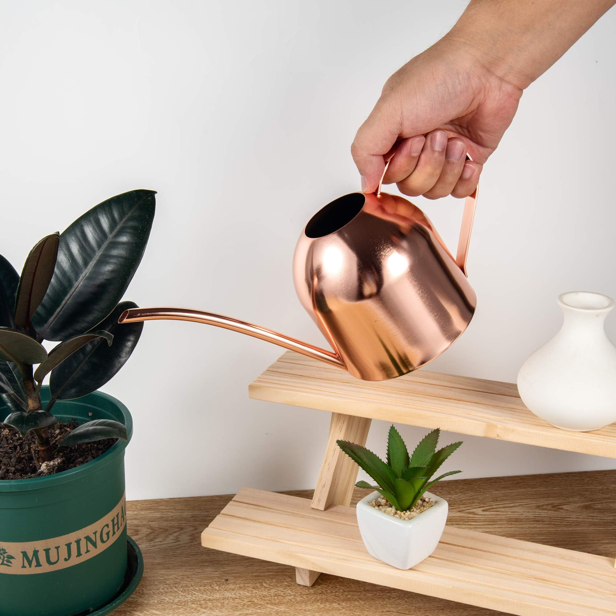 IMEEA stainless steel watering can with glossy rose-gold finish