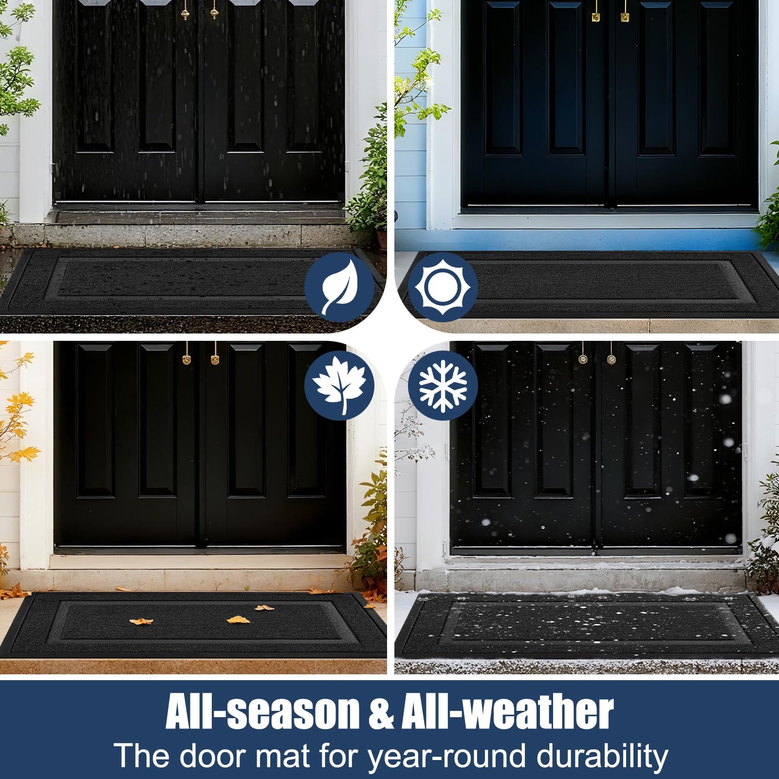 IM HOME weatherproof door mat endures snow, rain, mud for year-round use.