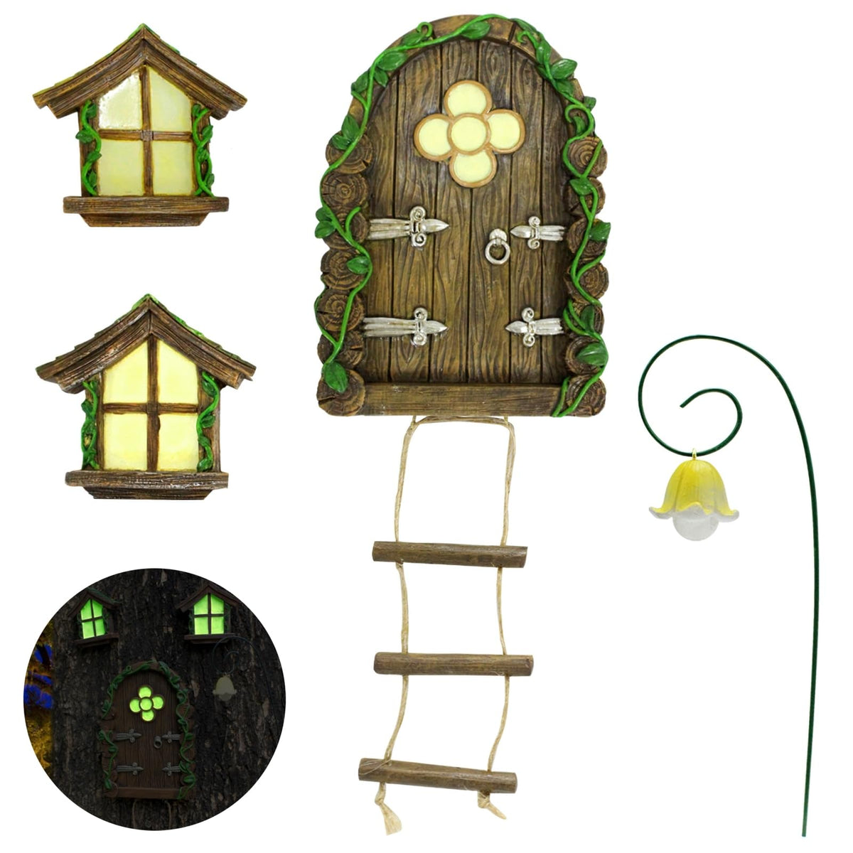 IMOFEE fairy door glowing on a tree at dusk enhances curb appeal and wonder.