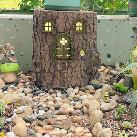 IMOFEE fairy door and windows set displayed outdoors, ready for installation.